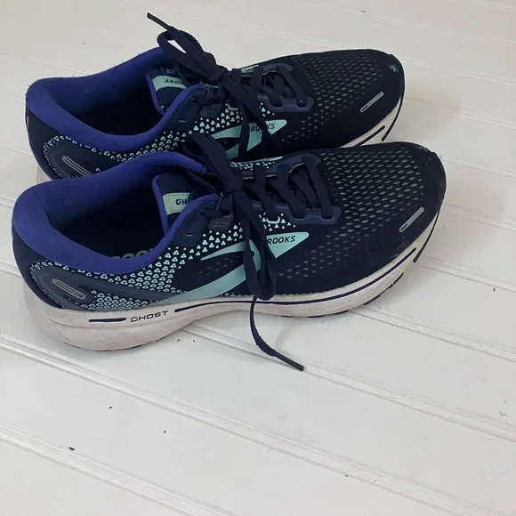 Brooks Ghost 14 Athletic Shoes Navy and Green Mesh Running Footwear - Picture 3 of 11